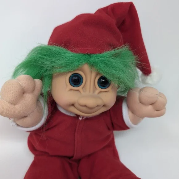 Russ Troll 2338 Plush Red Christmas Santa Suit Green Hair Vintage 12" Soft Body - Picture 2 of 5